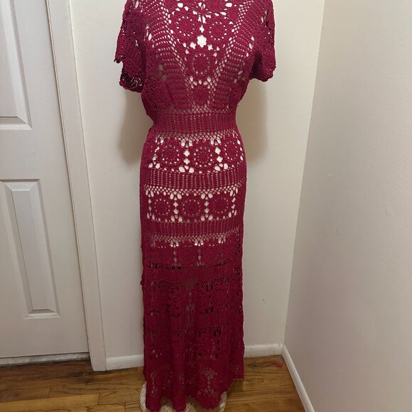 Free People Burgundy Maxi Crochet Short Sleeve Round Neck Dress - Sml - Picture 1 of 4